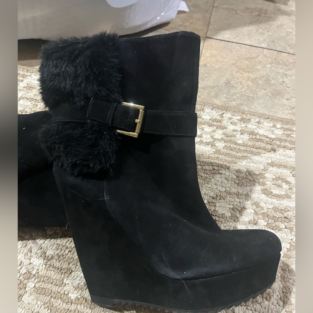 Nine West Black Wedge Boots with Gold Buckle